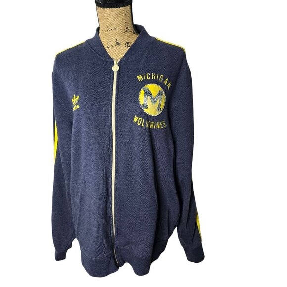Adidas Michigan Wolverines Classic Striped Sleeve Zip Up Sweatshirt Large - Picture 1 of 10